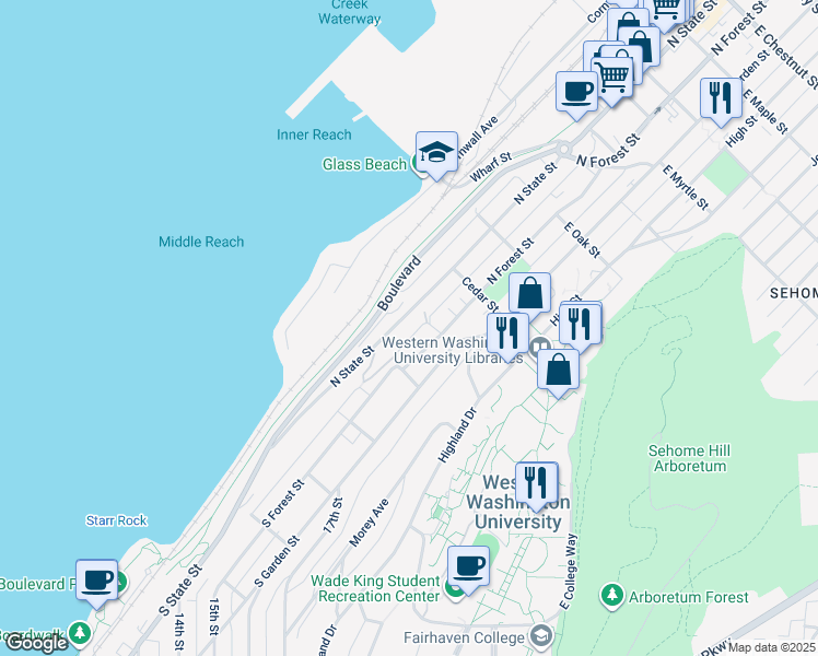 map of restaurants, bars, coffee shops, grocery stores, and more near 320 North State Street in Bellingham