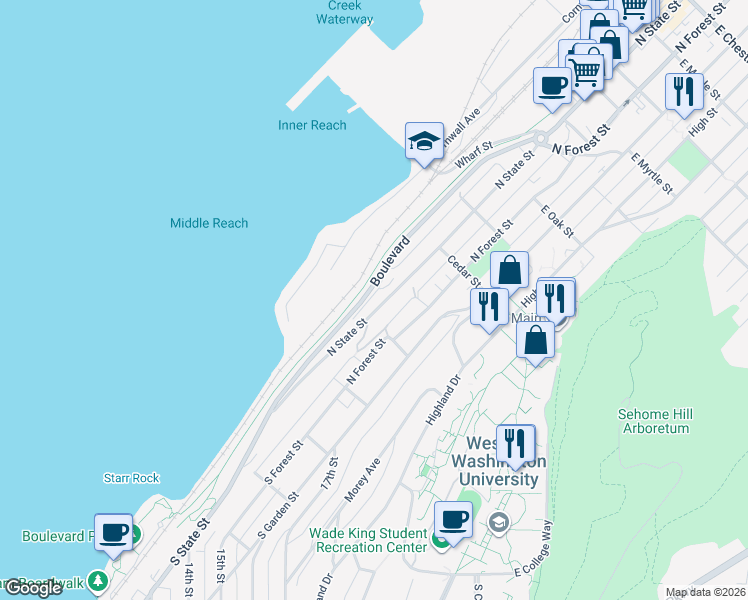 map of restaurants, bars, coffee shops, grocery stores, and more near 255 North Forest Street in Bellingham