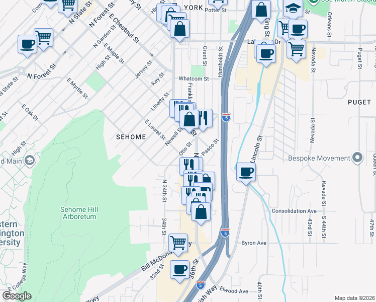 map of restaurants, bars, coffee shops, grocery stores, and more near 1240 East Maple Street in Bellingham