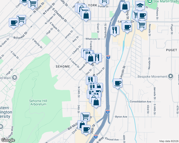 map of restaurants, bars, coffee shops, grocery stores, and more near 1240 East Maple Street in Bellingham