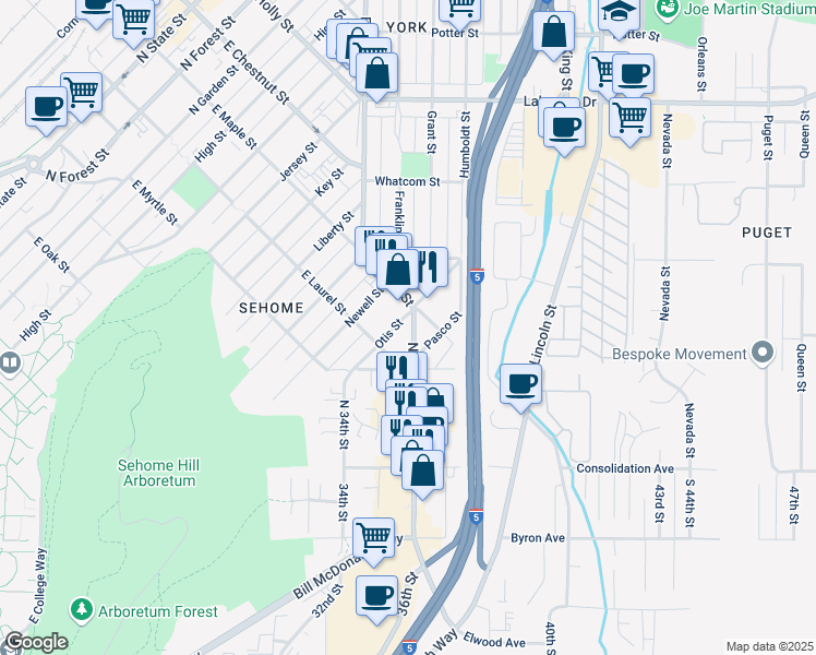 map of restaurants, bars, coffee shops, grocery stores, and more near 1240 East Maple Street in Bellingham