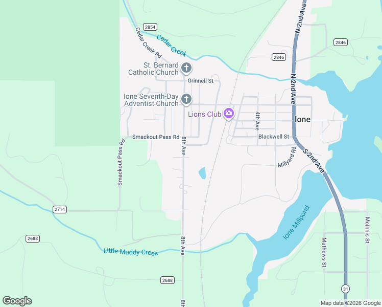 map of restaurants, bars, coffee shops, grocery stores, and more near 121 South 7th Street in Ione