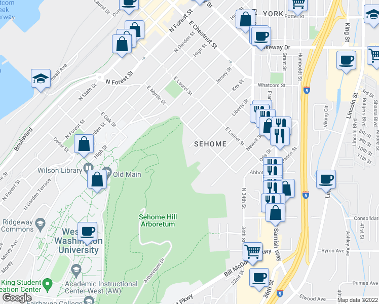map of restaurants, bars, coffee shops, grocery stores, and more near 825 Liberty Street in Bellingham