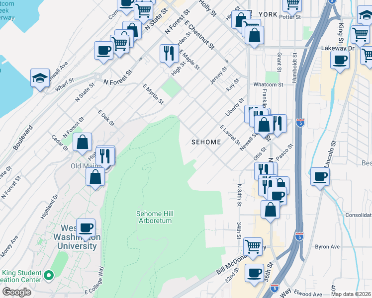 map of restaurants, bars, coffee shops, grocery stores, and more near 825 Liberty Street in Bellingham