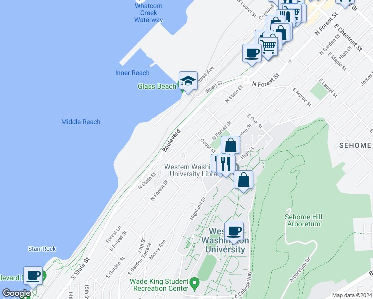 map of restaurants, bars, coffee shops, grocery stores, and more near 410 North State Street in Bellingham