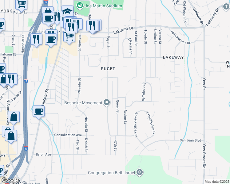 map of restaurants, bars, coffee shops, grocery stores, and more near 1020 Puget Street in Bellingham