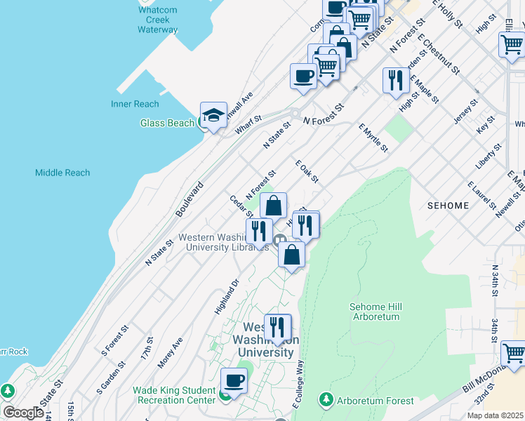 map of restaurants, bars, coffee shops, grocery stores, and more near 509 North Garden Street in Bellingham