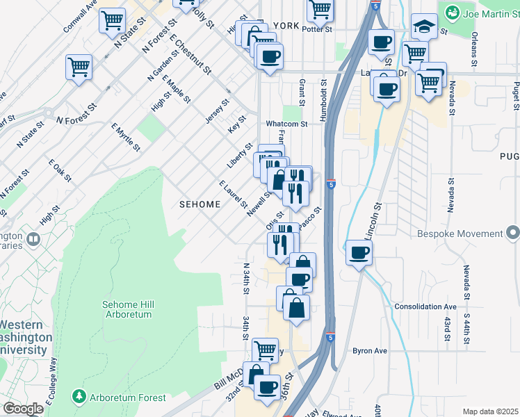 map of restaurants, bars, coffee shops, grocery stores, and more near 1004 Newell Street in Bellingham