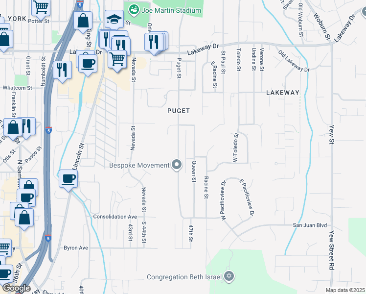 map of restaurants, bars, coffee shops, grocery stores, and more near 1020 Puget Street in Bellingham