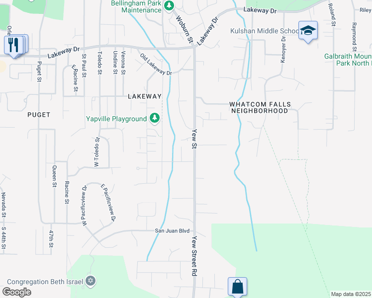 map of restaurants, bars, coffee shops, grocery stores, and more near 1011 Yew Street in Bellingham