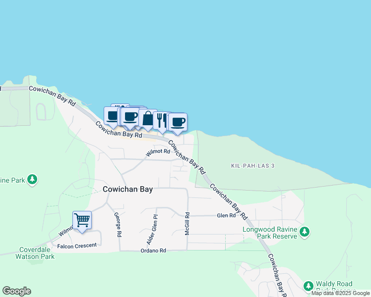 map of restaurants, bars, coffee shops, grocery stores, and more near 1670 Botwood Lane in Cowichan Bay