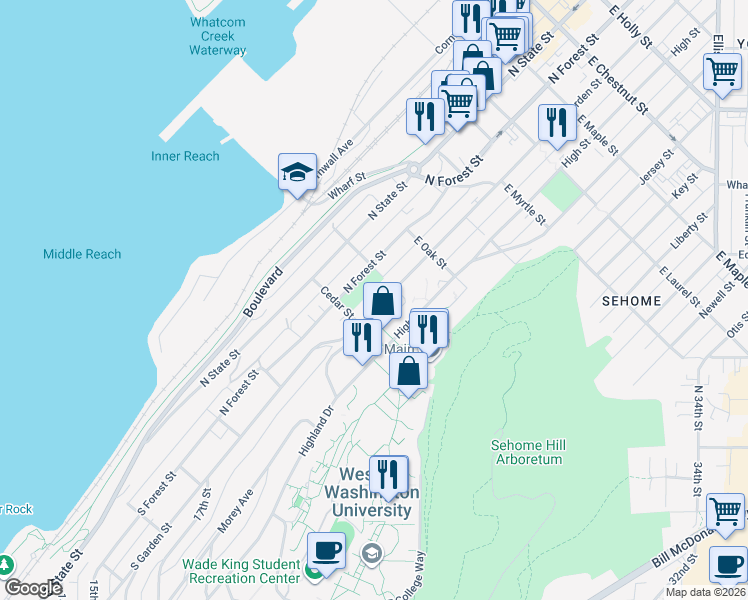 map of restaurants, bars, coffee shops, grocery stores, and more near 519 North Garden Street in Bellingham