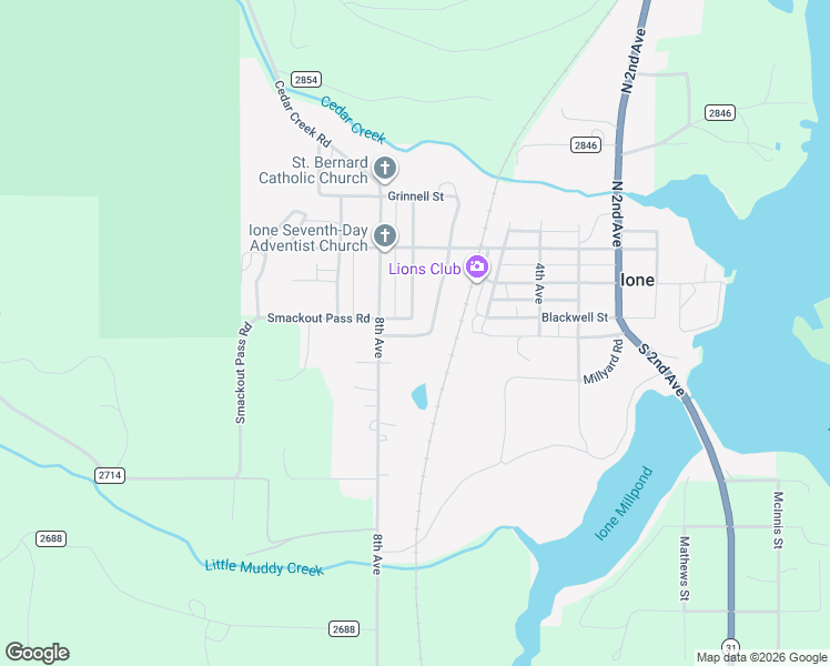 map of restaurants, bars, coffee shops, grocery stores, and more near 121 South 7th Avenue in Ione