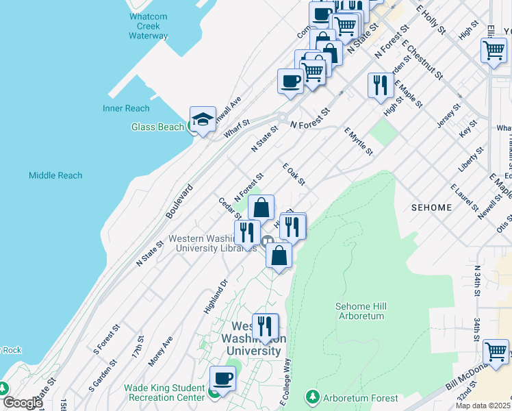 map of restaurants, bars, coffee shops, grocery stores, and more near 509 North Garden Street in Bellingham