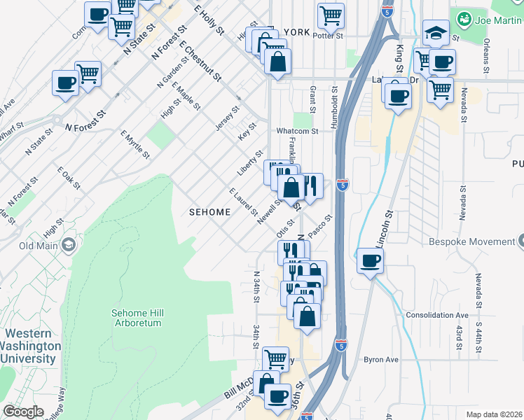 map of restaurants, bars, coffee shops, grocery stores, and more near 1004 Newell Street in Bellingham