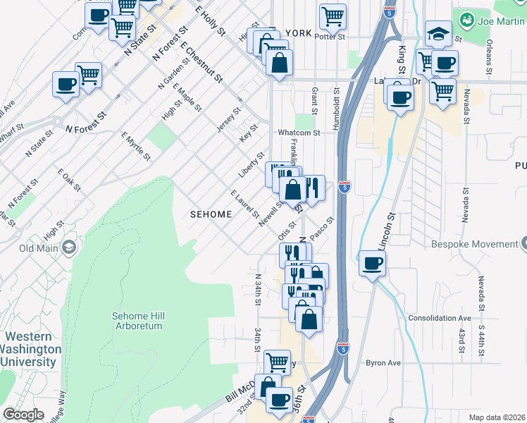 map of restaurants, bars, coffee shops, grocery stores, and more near 1004 Newell Street in Bellingham