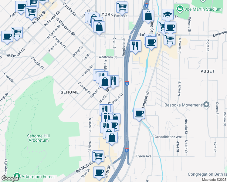 map of restaurants, bars, coffee shops, grocery stores, and more near 1301 East Maple Street in Bellingham