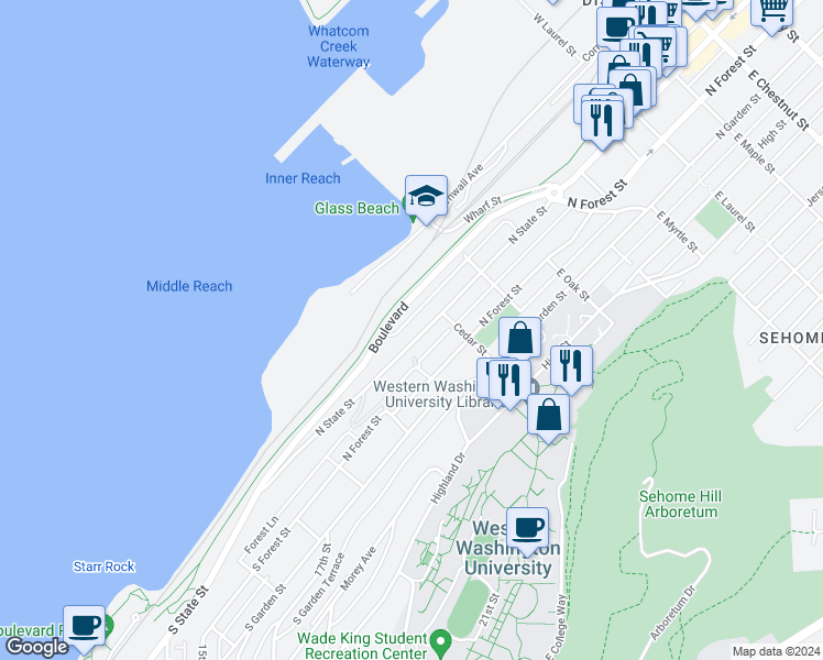 map of restaurants, bars, coffee shops, grocery stores, and more near 410 North State Street in Bellingham