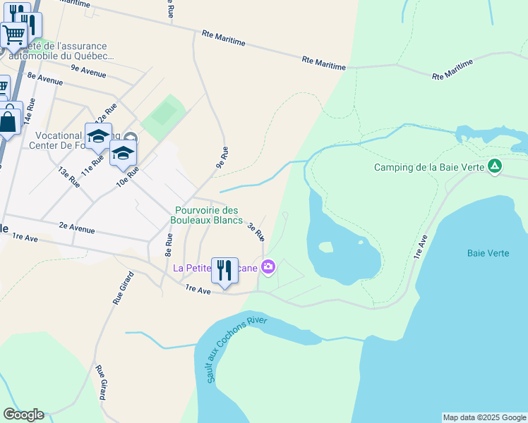 map of restaurants, bars, coffee shops, grocery stores, and more near 5 5e Rue in Forestville