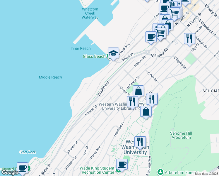 map of restaurants, bars, coffee shops, grocery stores, and more near 410 North State Street in Bellingham