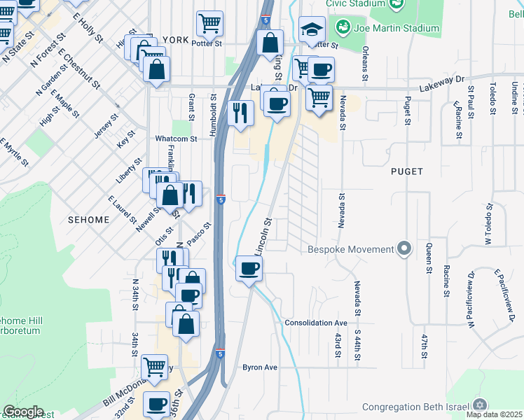 map of restaurants, bars, coffee shops, grocery stores, and more near 1242-1246 Lincoln Street in Bellingham