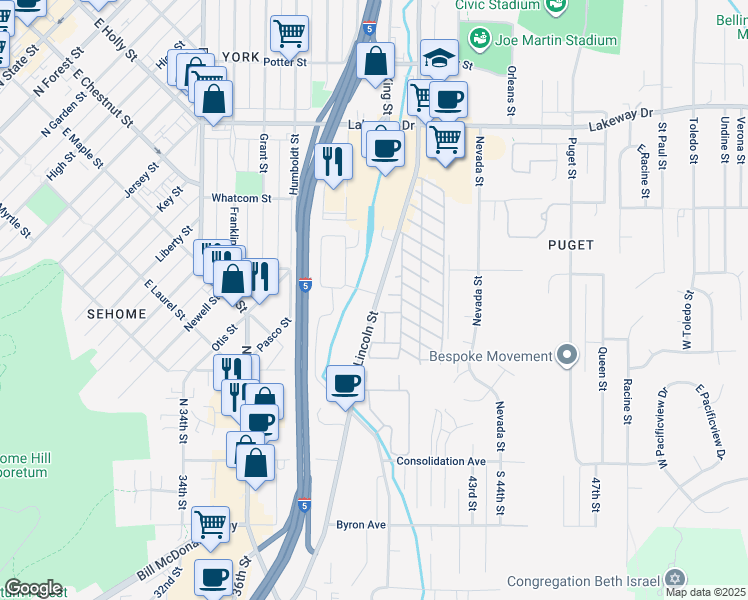 map of restaurants, bars, coffee shops, grocery stores, and more near 1242 Lincoln Street in Bellingham
