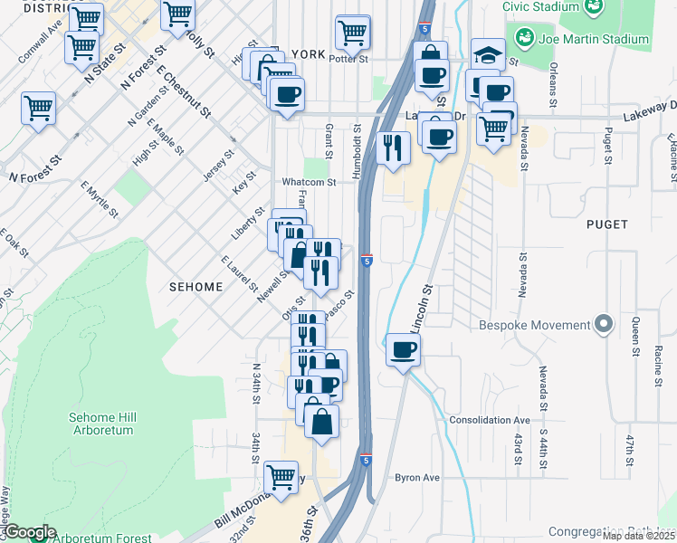 map of restaurants, bars, coffee shops, grocery stores, and more near 1301 East Maple Street in Bellingham