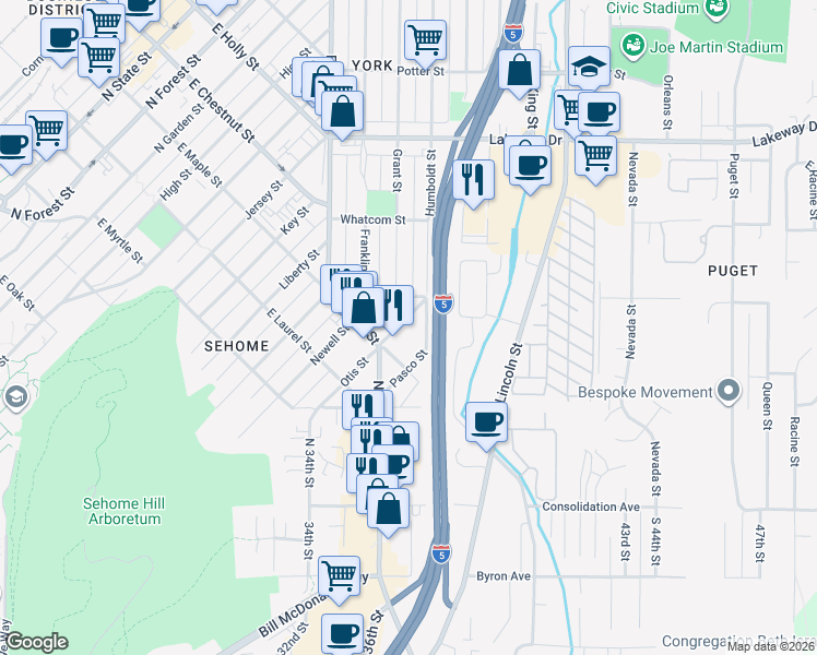 map of restaurants, bars, coffee shops, grocery stores, and more near 1301 East Maple Street in Bellingham