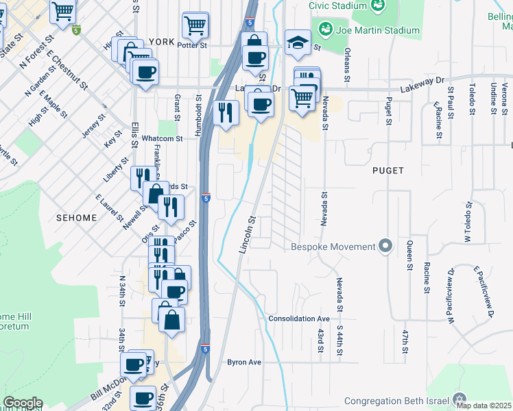 map of restaurants, bars, coffee shops, grocery stores, and more near 1147 Lincoln Street in Bellingham