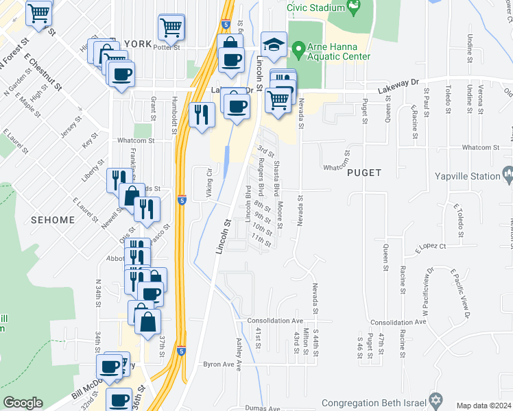 map of restaurants, bars, coffee shops, grocery stores, and more near 1200 Lincoln Street in Bellingham