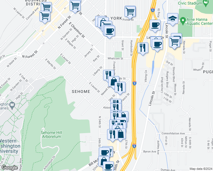 map of restaurants, bars, coffee shops, grocery stores, and more near 1004 Newell Street in Bellingham