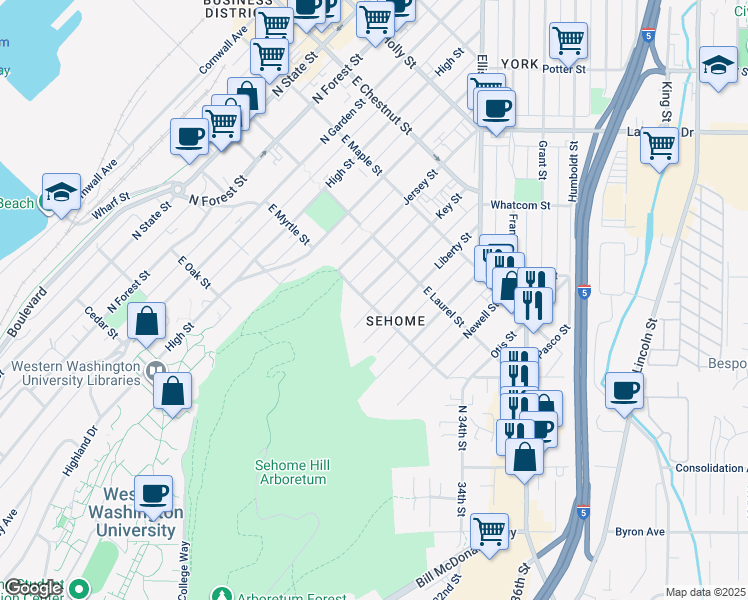 map of restaurants, bars, coffee shops, grocery stores, and more near 825 Liberty Street in Bellingham