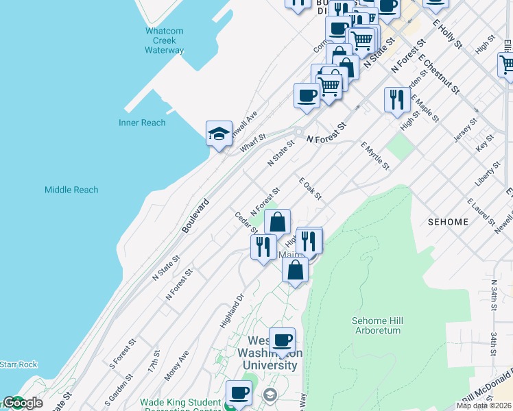 map of restaurants, bars, coffee shops, grocery stores, and more near 311 Pine Street in Bellingham