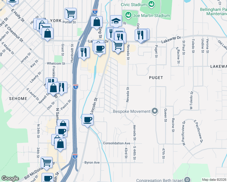 map of restaurants, bars, coffee shops, grocery stores, and more near 1042 Edwards Street in Bellingham
