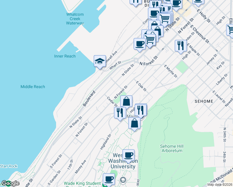 map of restaurants, bars, coffee shops, grocery stores, and more near 311 Pine Street in Bellingham
