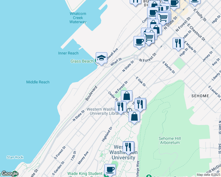 map of restaurants, bars, coffee shops, grocery stores, and more near 525 North State Street in Bellingham
