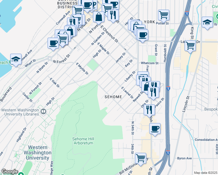 map of restaurants, bars, coffee shops, grocery stores, and more near 915 Key Street in Bellingham