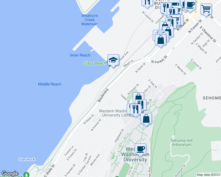 map of restaurants, bars, coffee shops, grocery stores, and more near 506 Boulevard in Bellingham