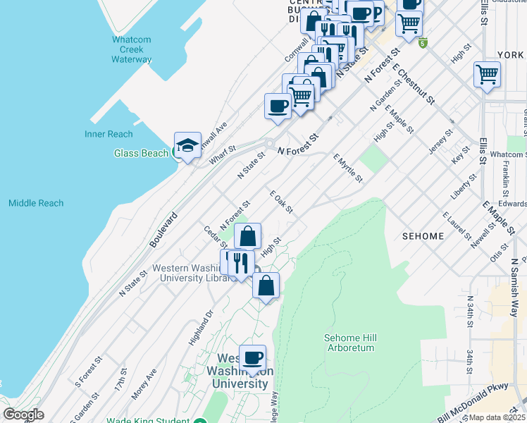 map of restaurants, bars, coffee shops, grocery stores, and more near 616 North Forest Street in Bellingham