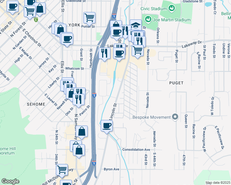 map of restaurants, bars, coffee shops, grocery stores, and more near 1147-1177 Lincoln St in Bellingham
