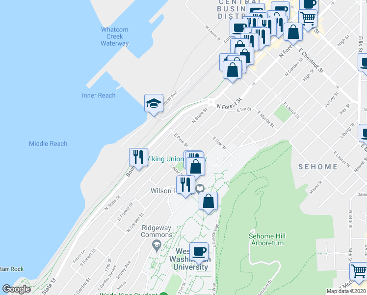 map of restaurants, bars, coffee shops, grocery stores, and more near 311 Pine Street in Bellingham