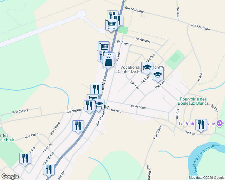 map of restaurants, bars, coffee shops, grocery stores, and more near 8 14e Rue in Forestville