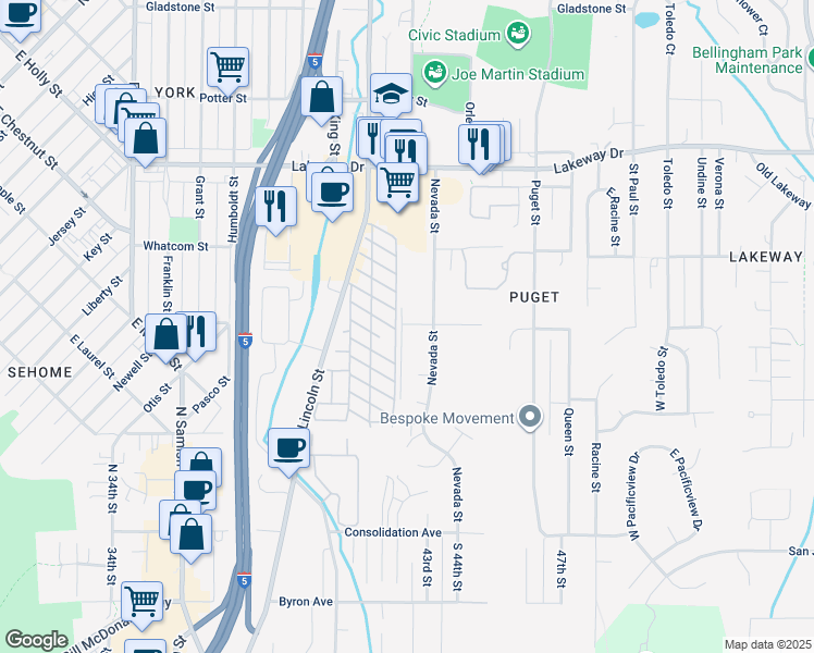map of restaurants, bars, coffee shops, grocery stores, and more near 1042 Edwards Street in Bellingham