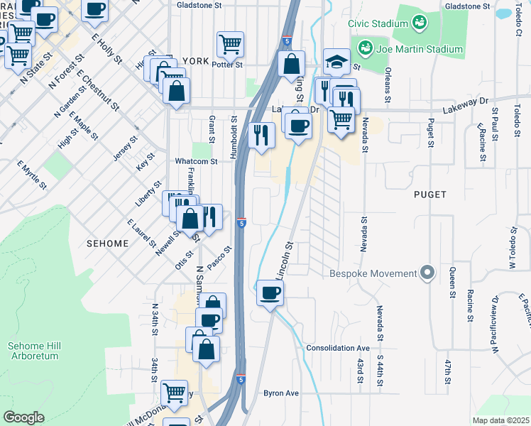 map of restaurants, bars, coffee shops, grocery stores, and more near 870 Viking Circle in Bellingham