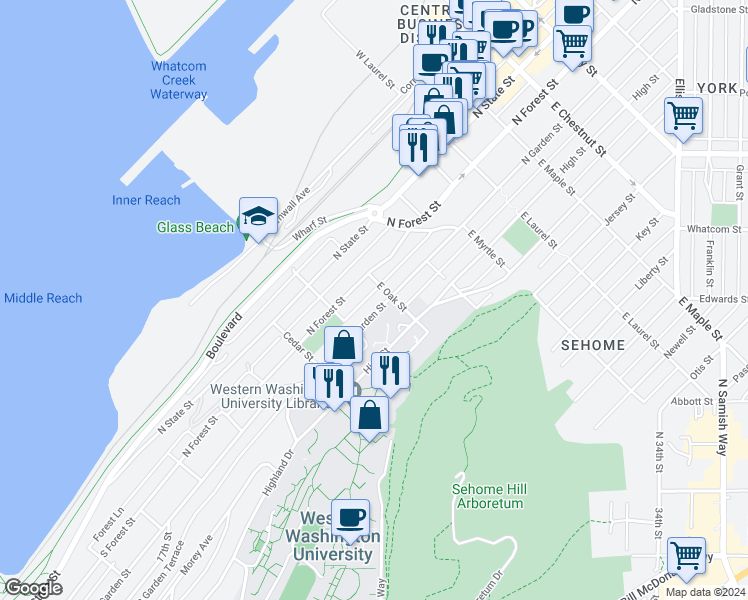 map of restaurants, bars, coffee shops, grocery stores, and more near 625 North Garden Street in Bellingham