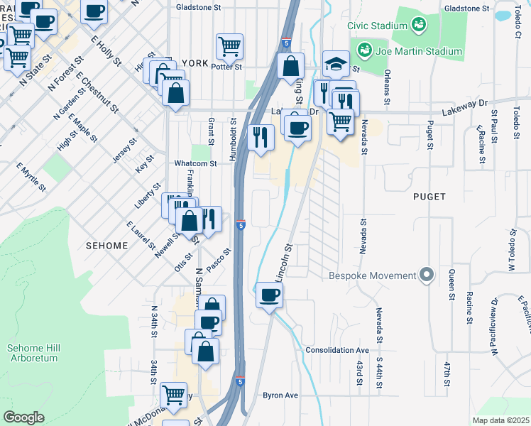 map of restaurants, bars, coffee shops, grocery stores, and more near 870 Viking Circle in Bellingham