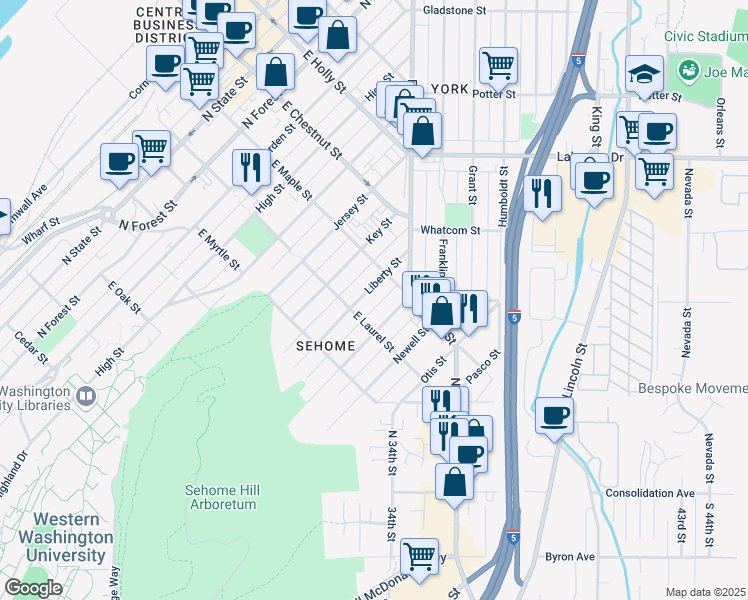 map of restaurants, bars, coffee shops, grocery stores, and more near 1014 Liberty Street in Bellingham