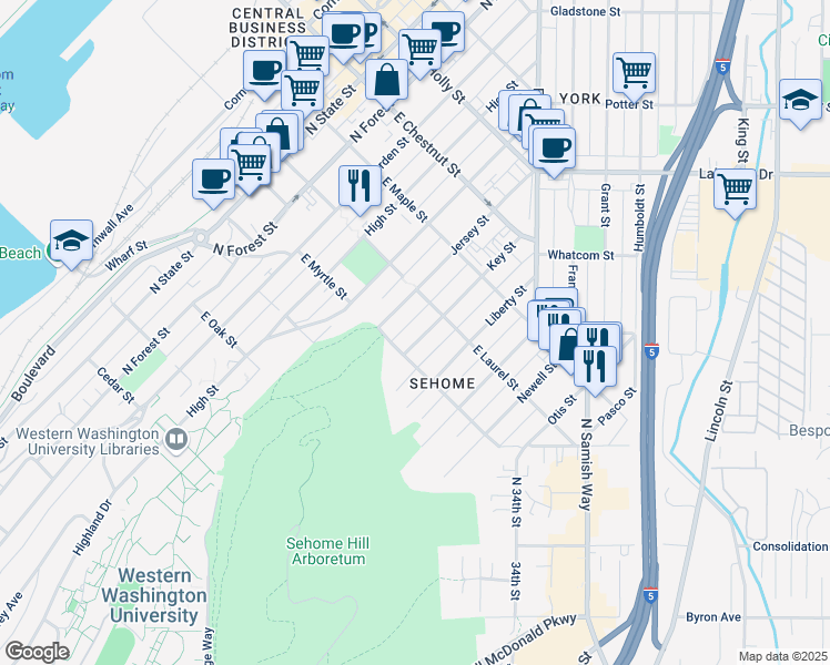 map of restaurants, bars, coffee shops, grocery stores, and more near 915 Key Street in Bellingham