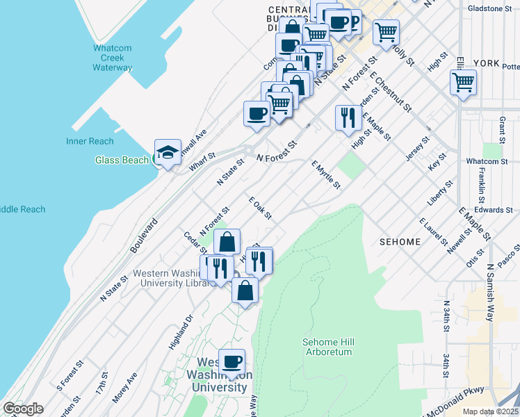 map of restaurants, bars, coffee shops, grocery stores, and more near 698 North Garden Street in Bellingham