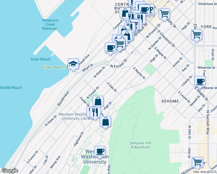 map of restaurants, bars, coffee shops, grocery stores, and more near 698 North Garden Street in Bellingham